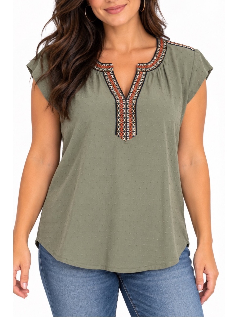 Daniel Rainn DR2 blouse features a green color and embroidered boho-style detail